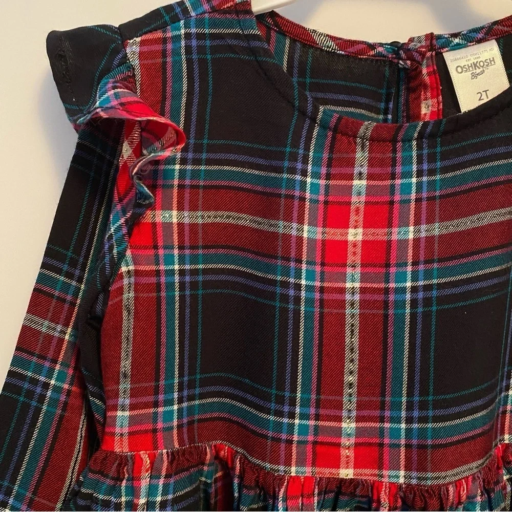 OshKosh B'gosh Toddler Girls Plaid Long Sleeve Shoulder Ruffle Dress Size 2T